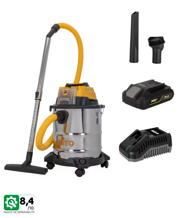Aspirateur 20V Sans fil Eau et Poussières Cuve Inox 20L + Batterie lithium 2Ah VITO